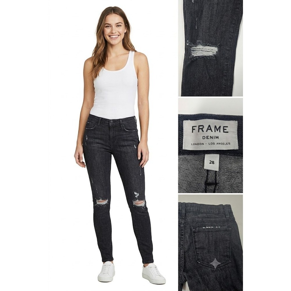 FRAME Denim Le Skinny De Jeanne Jeans 28 Black Distressed Thrashed Made in USA